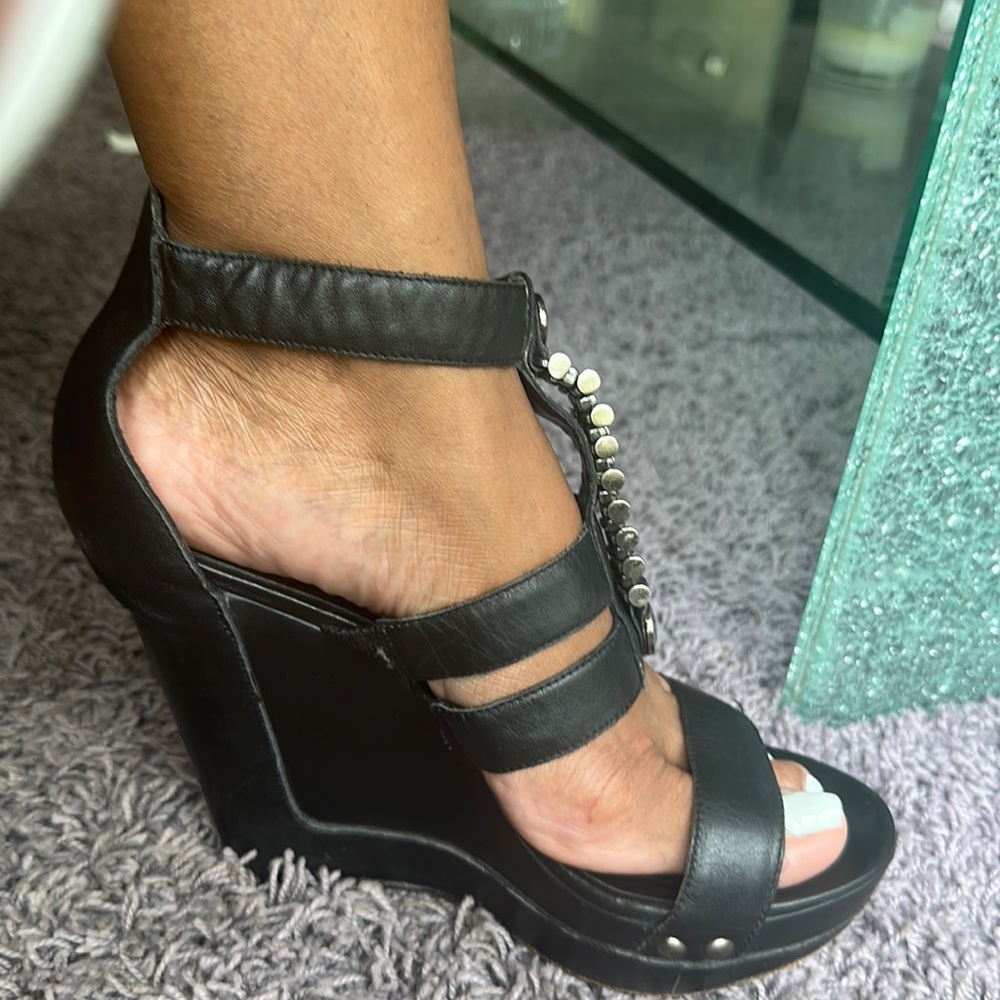 Velvet Angels black leather wedge sandals in fair condition.